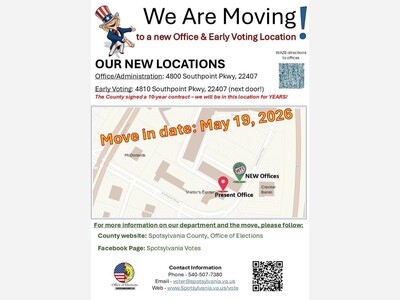 Spotsylvania Office of Elections changing location tomorrow May 19 2026